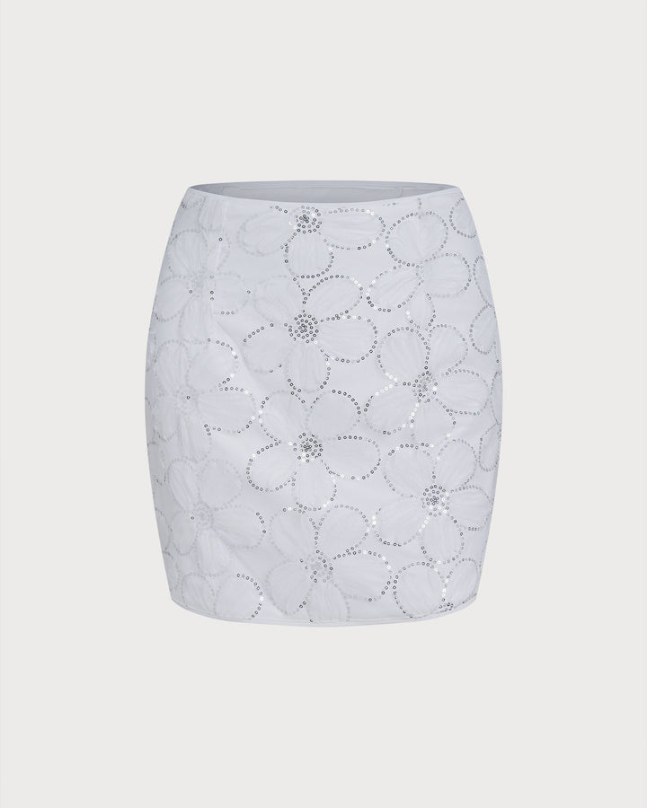 White Floral Sequins Mini Skirt