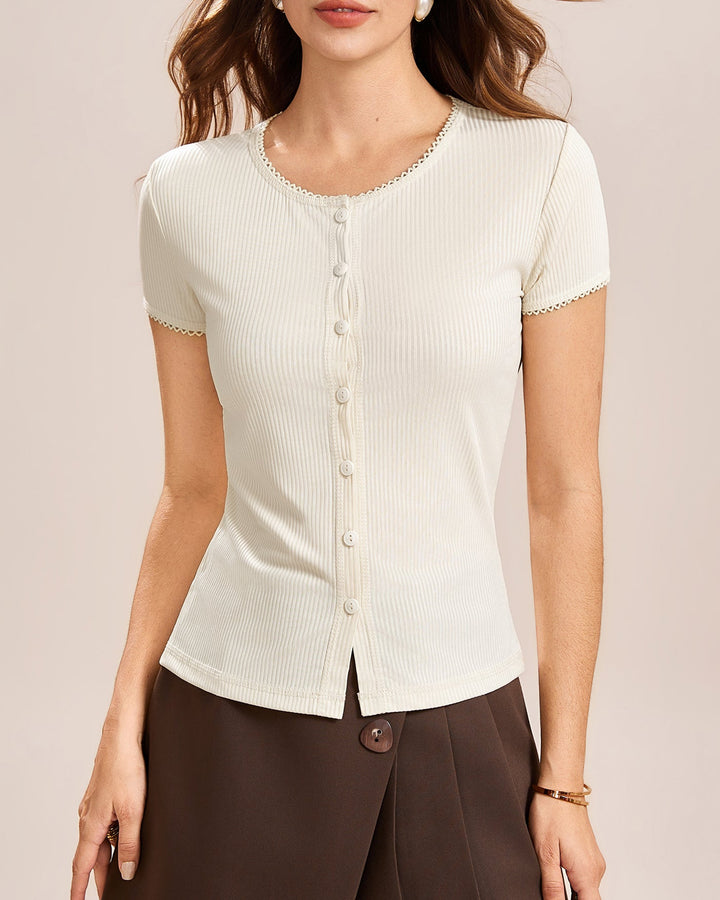 Apricot Round Neck Button Tee