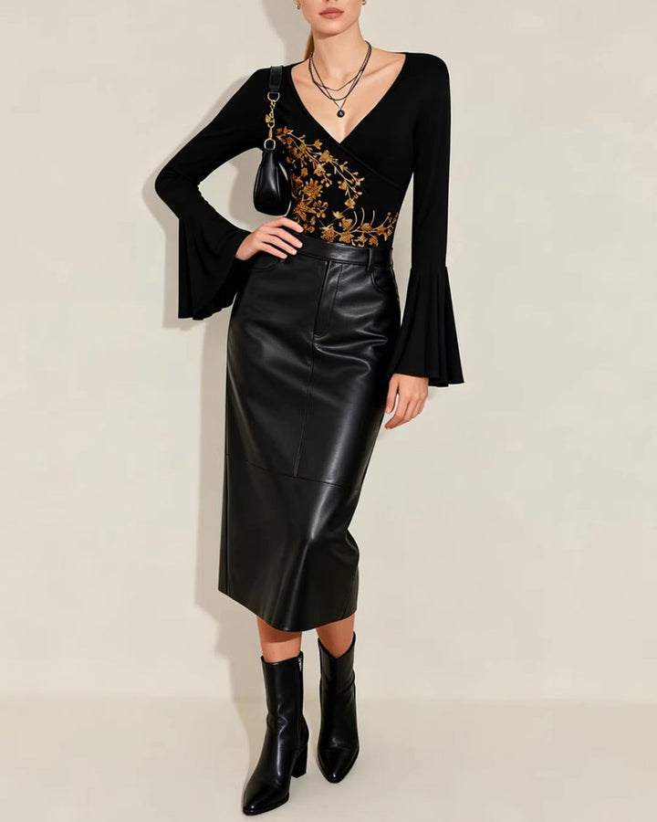 Black Floral Bell Sleeve Knit Tee