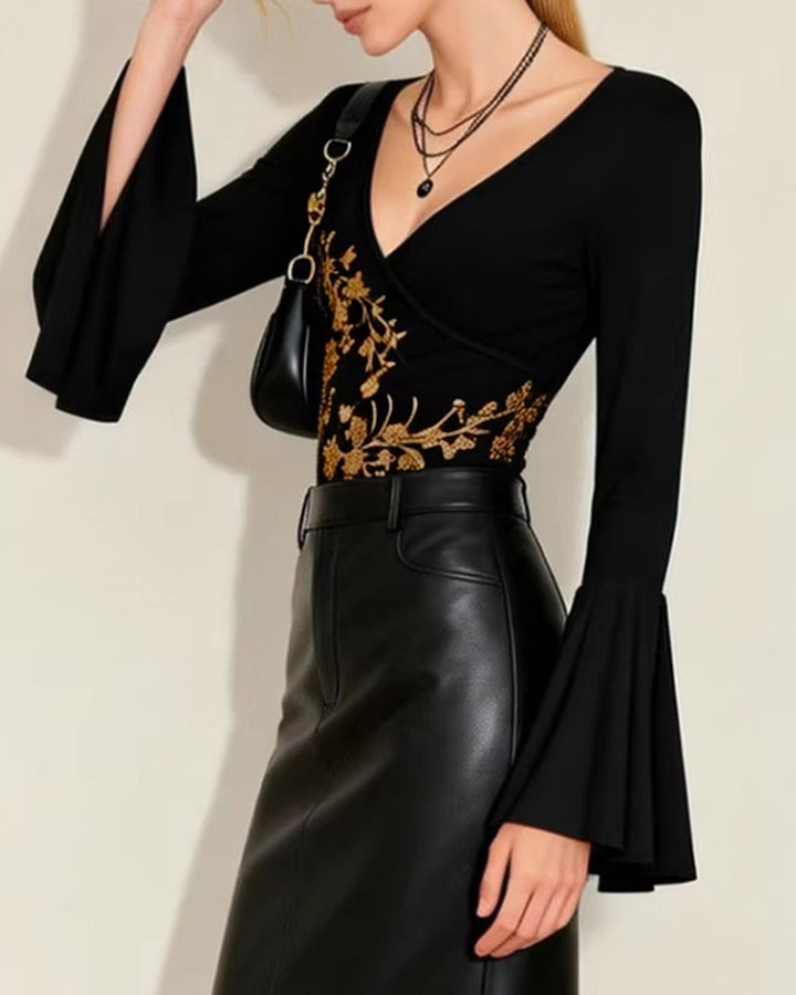 Black Floral Bell Sleeve Knit Tee