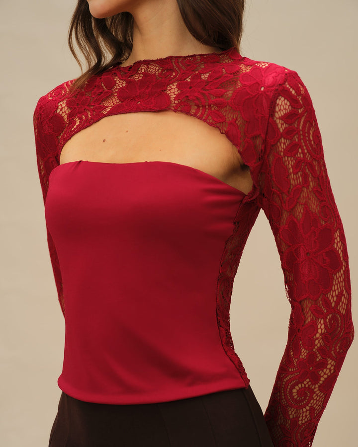 Wine Red Floral Lace Tee