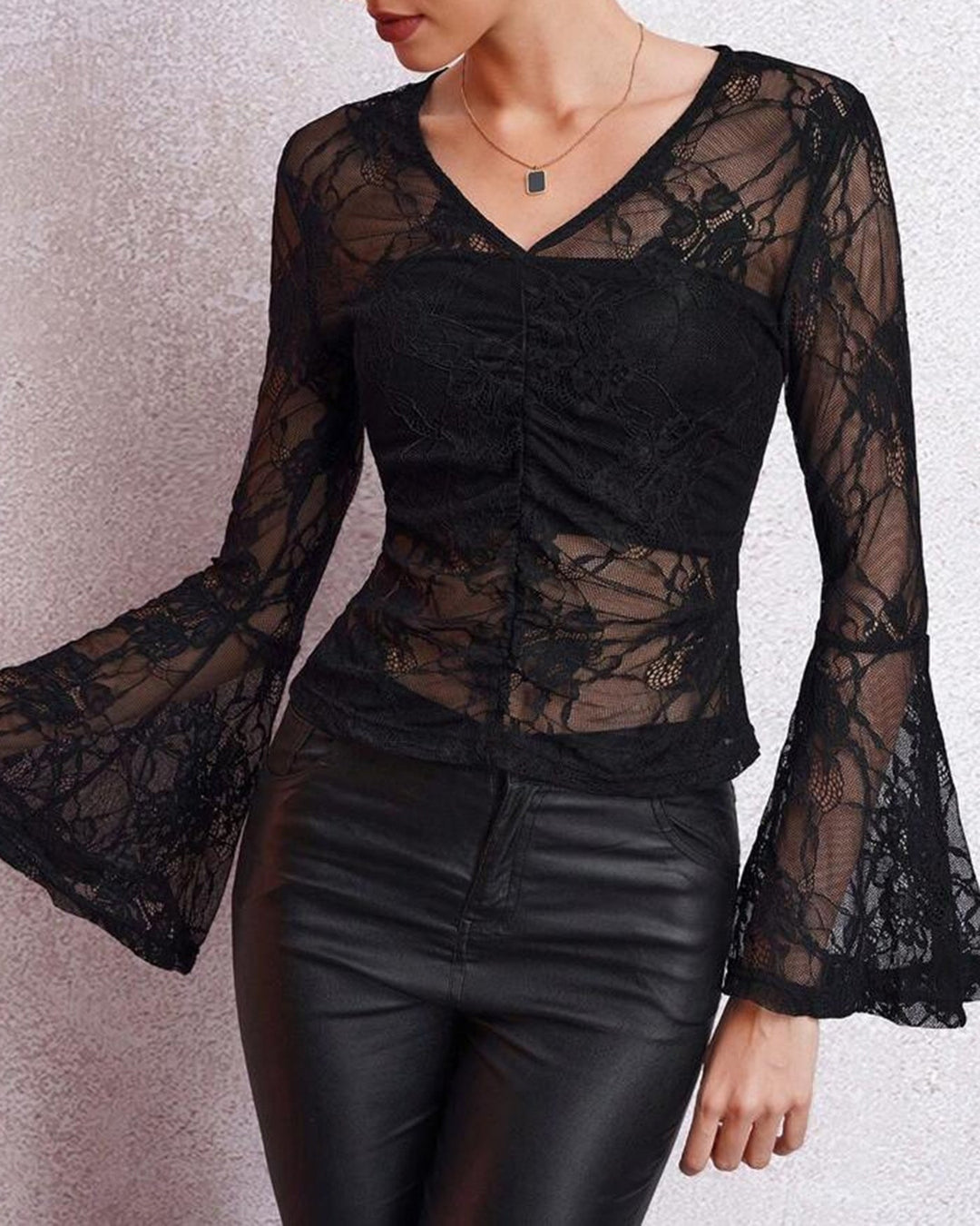 Black V Neck Floral Textured Tee