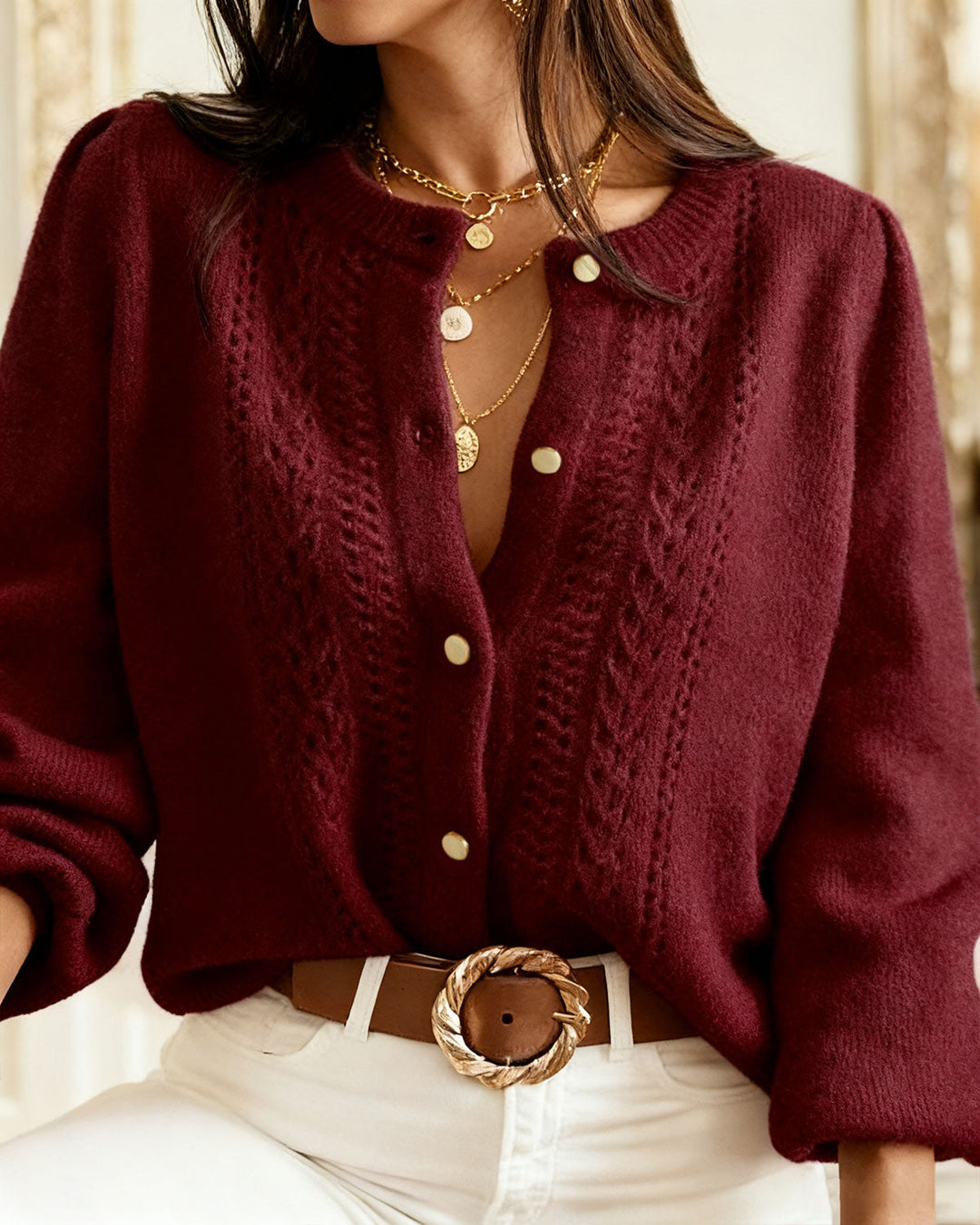 Wine Red Round Neck Casual Knit Cardigan