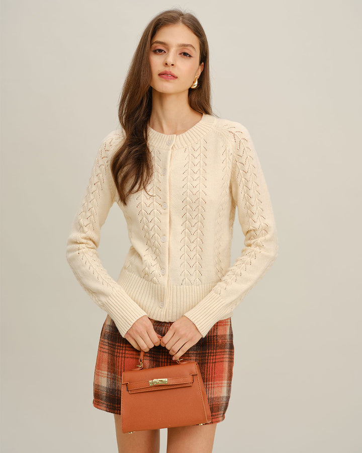 Beige Round Neck Knit Cardigan