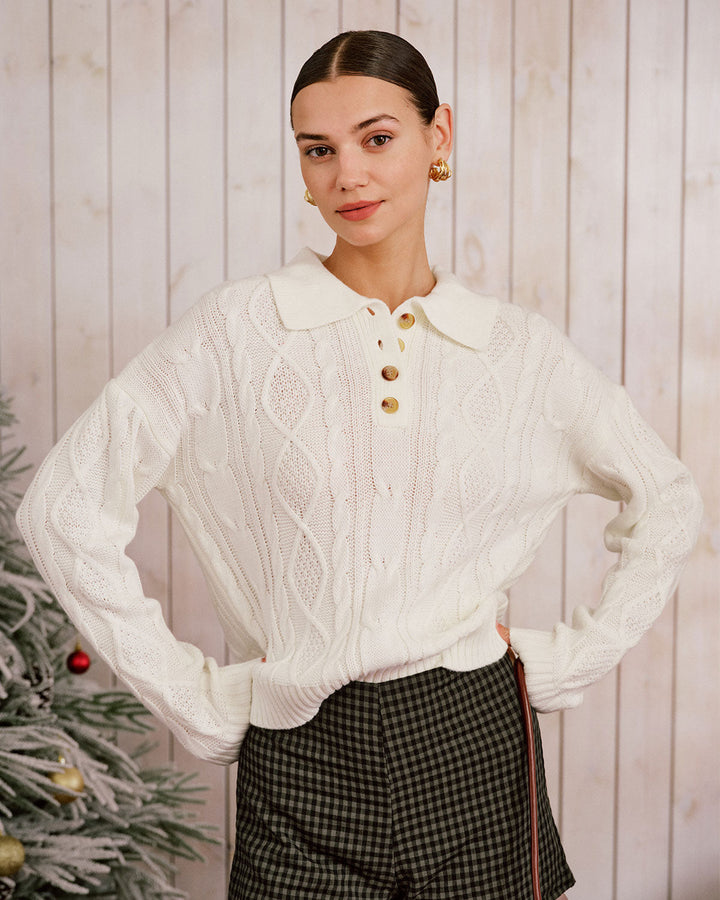 Beige Drop Shoulder Button Sweater