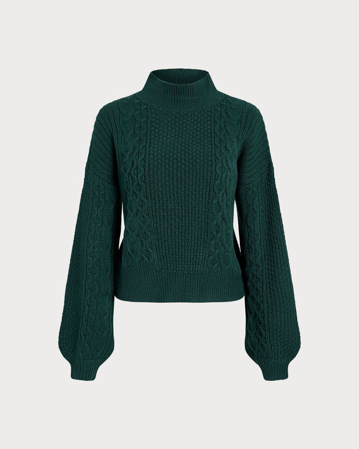 Green Mock Neck Lantern Sleeve Sweater