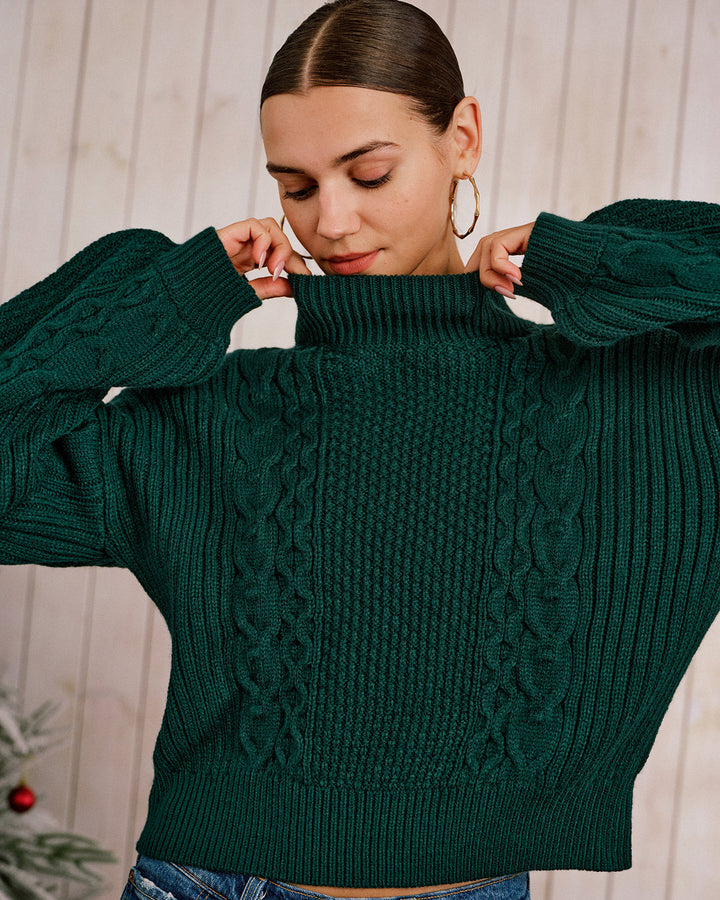 Green Mock Neck Lantern Sleeve Sweater