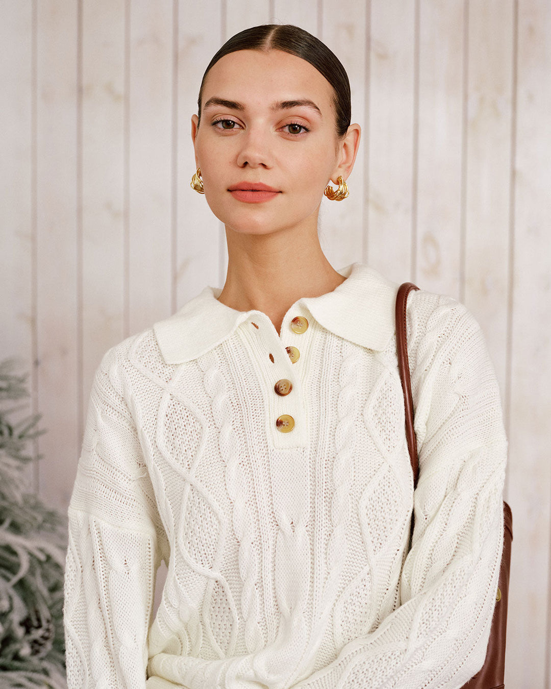 Beige Drop Shoulder Button Sweater