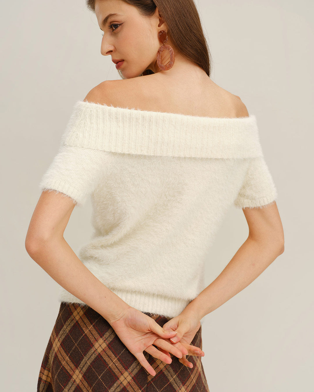 Beige Off The Shoulder Knit Tee