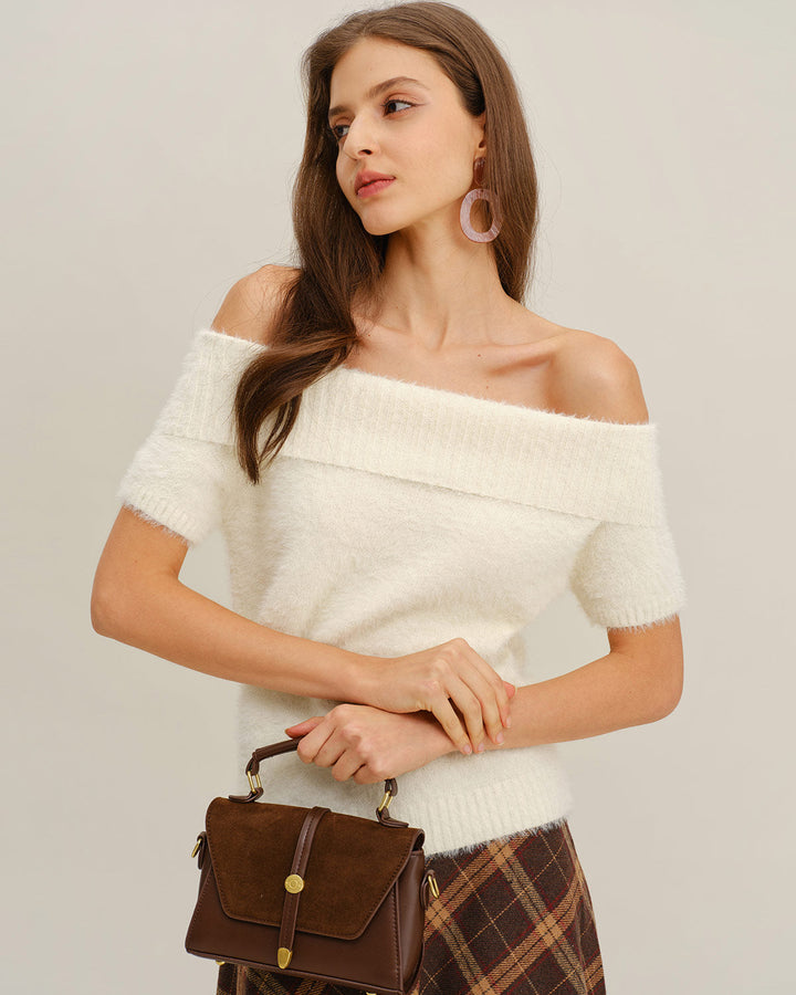 Beige Off The Shoulder Knit Tee
