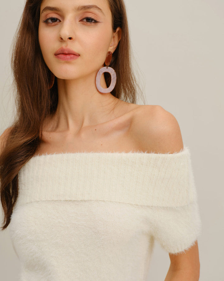 Beige Off The Shoulder Knit Tee