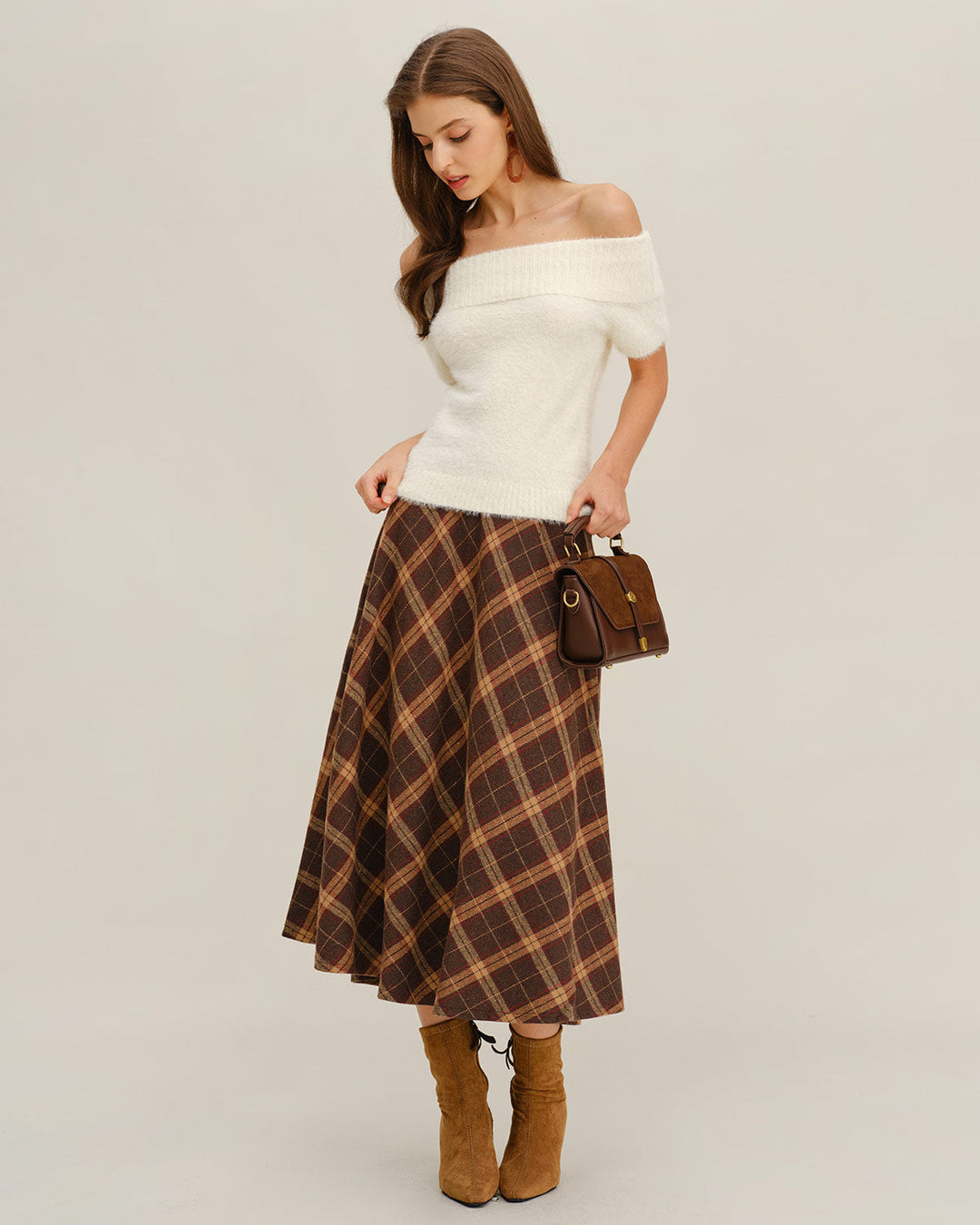 Beige Off The Shoulder Knit Tee