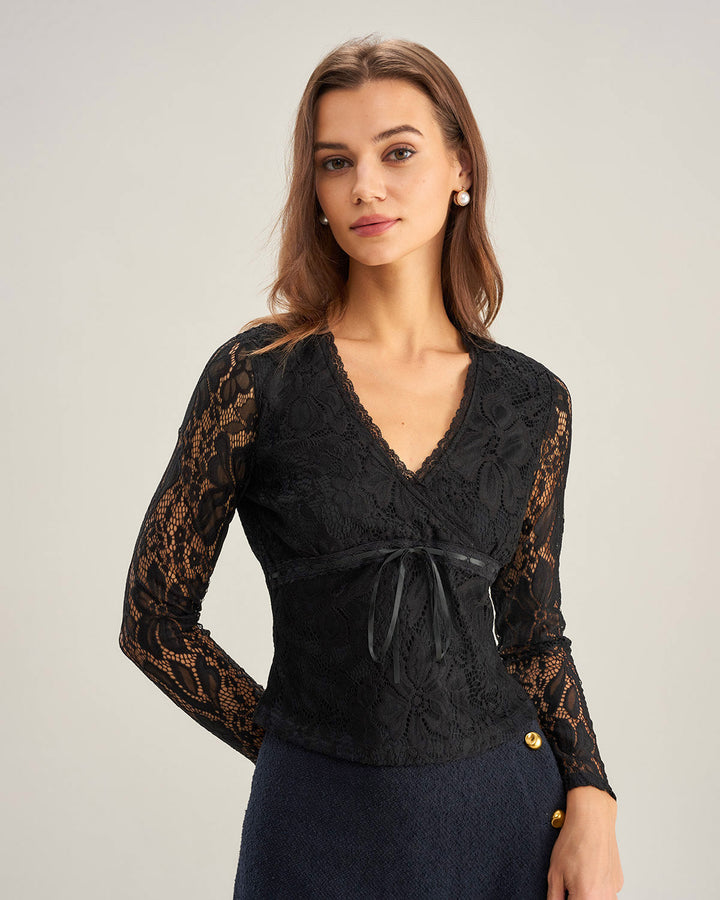 Black V Neck Slim Lace Tee