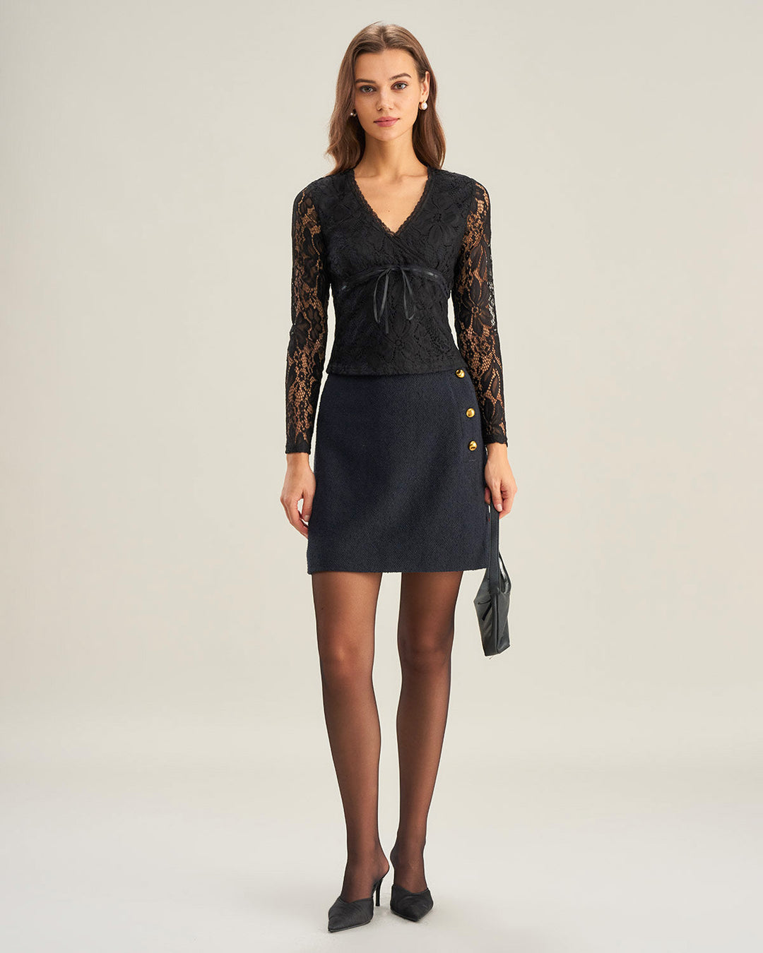 Black V Neck Slim Lace Tee