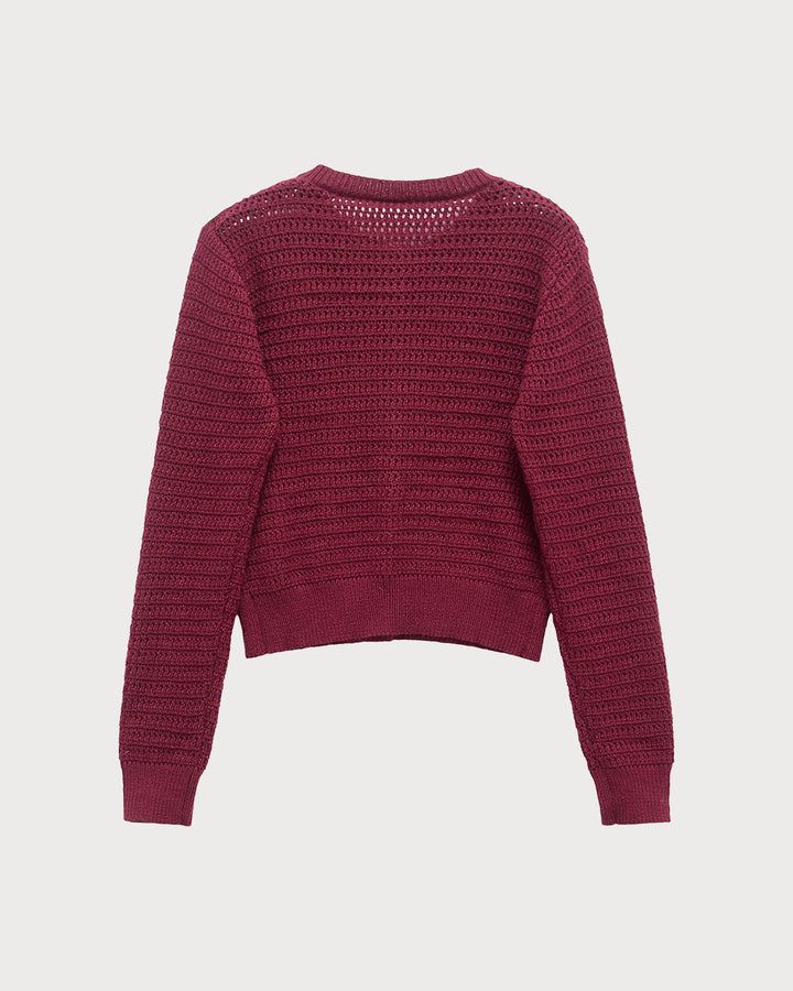 Wine Red Single Breasted Round Neck Knit Cardigan