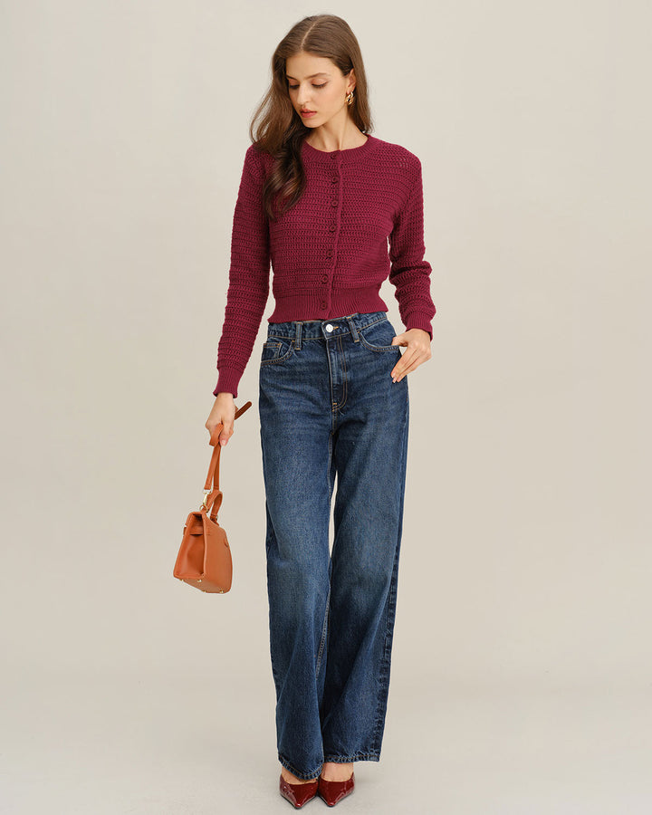 Wine Red Single Breasted Round Neck Knit Cardigan