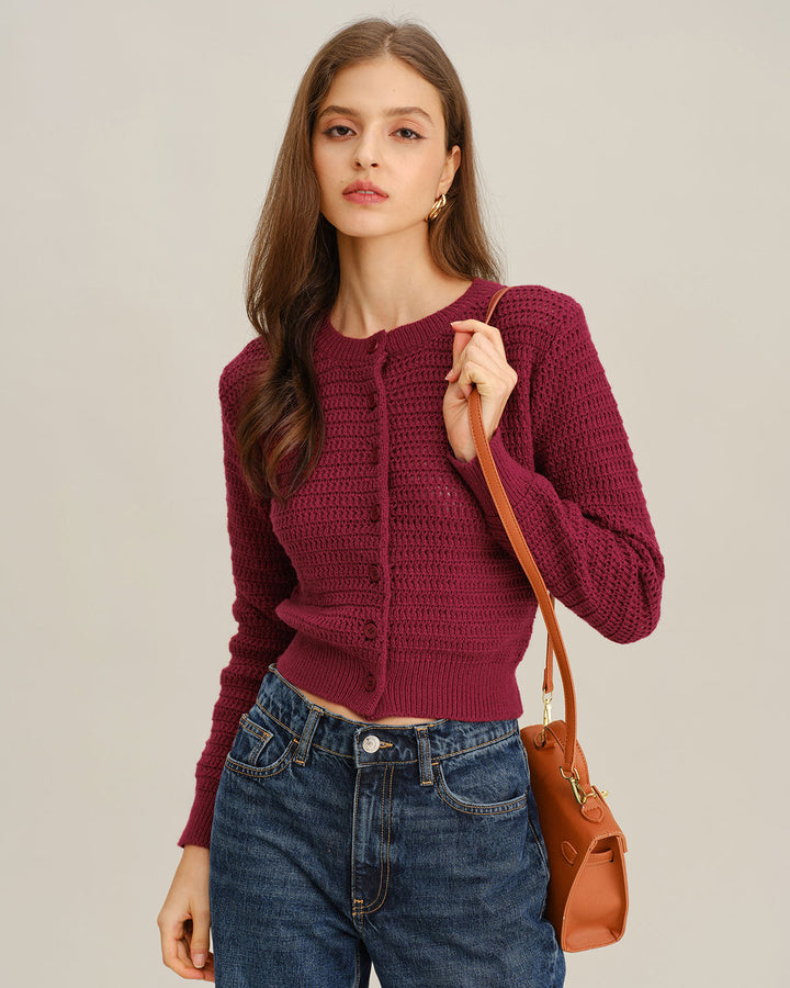 Wine Red Single Breasted Round Neck Knit Cardigan