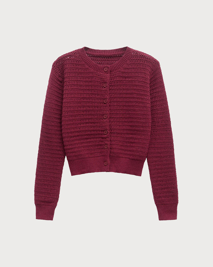 Wine Red Single Breasted Round Neck Knit Cardigan
