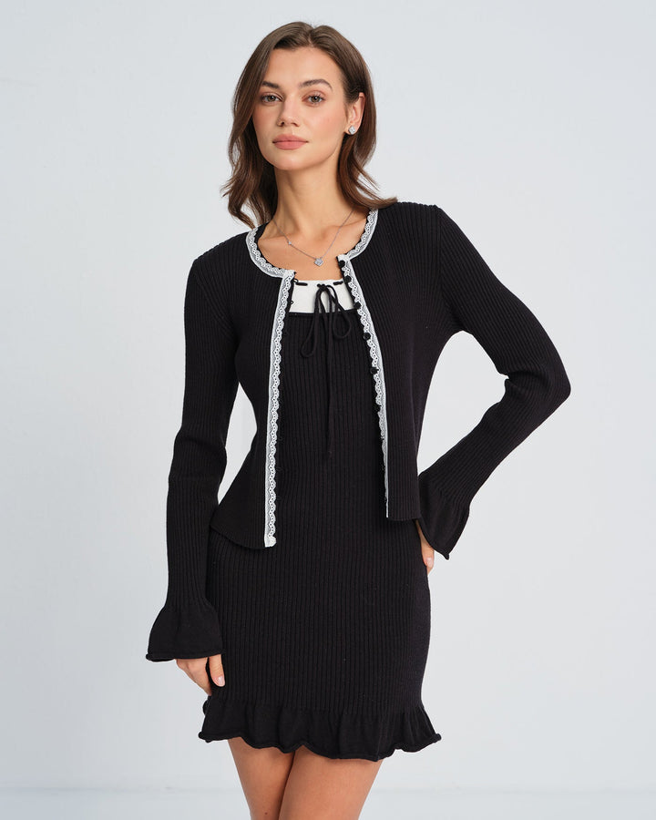 Black Contrasting Bell Sleeve Knit Cardigan