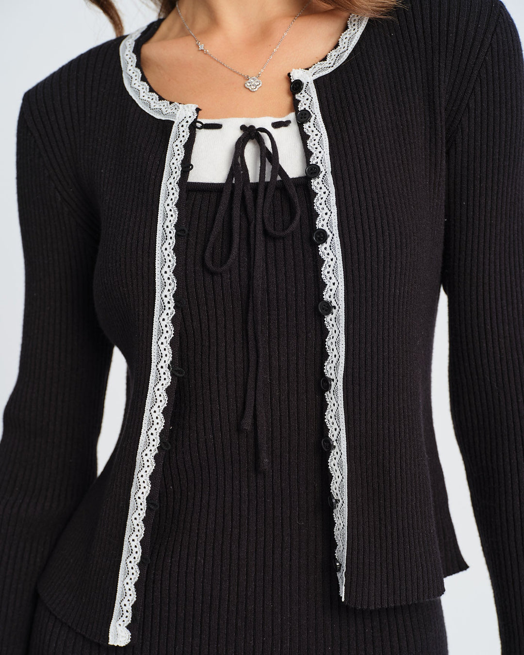 Black Contrasting Bell Sleeve Knit Cardigan