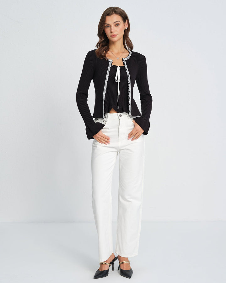 Black Contrasting Bell Sleeve Knit Cardigan