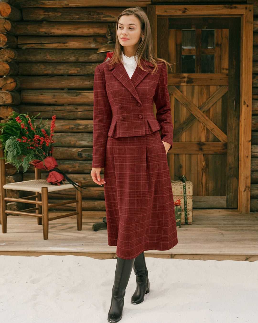 Red Plaid A-Line Midi Skirt