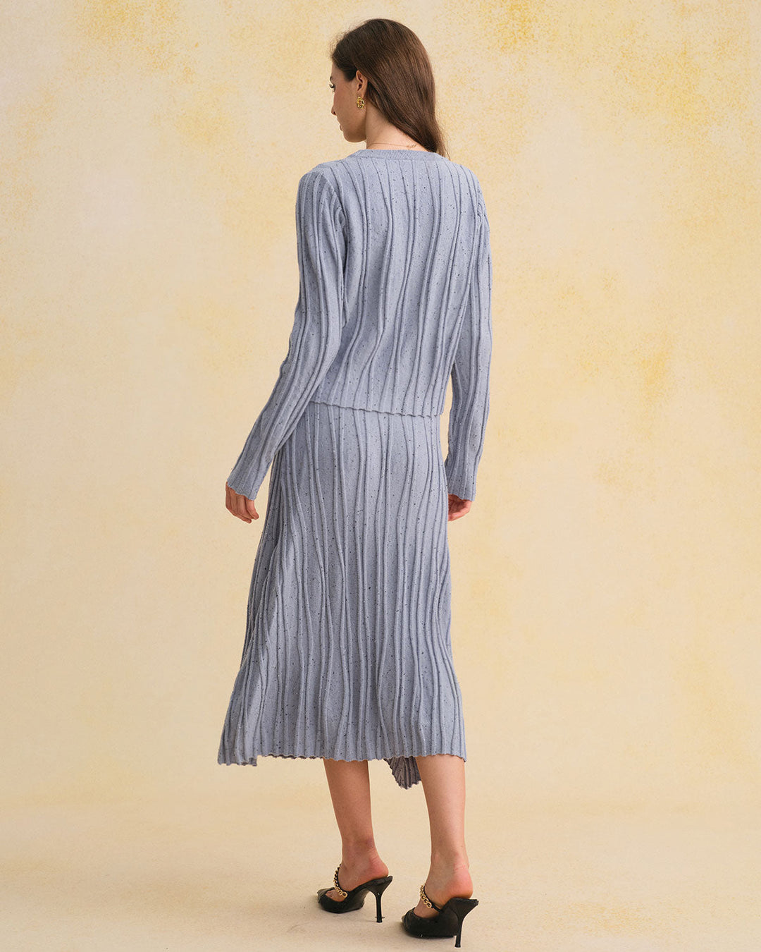 Blue Elastic Waist A-Line Midi Skirt