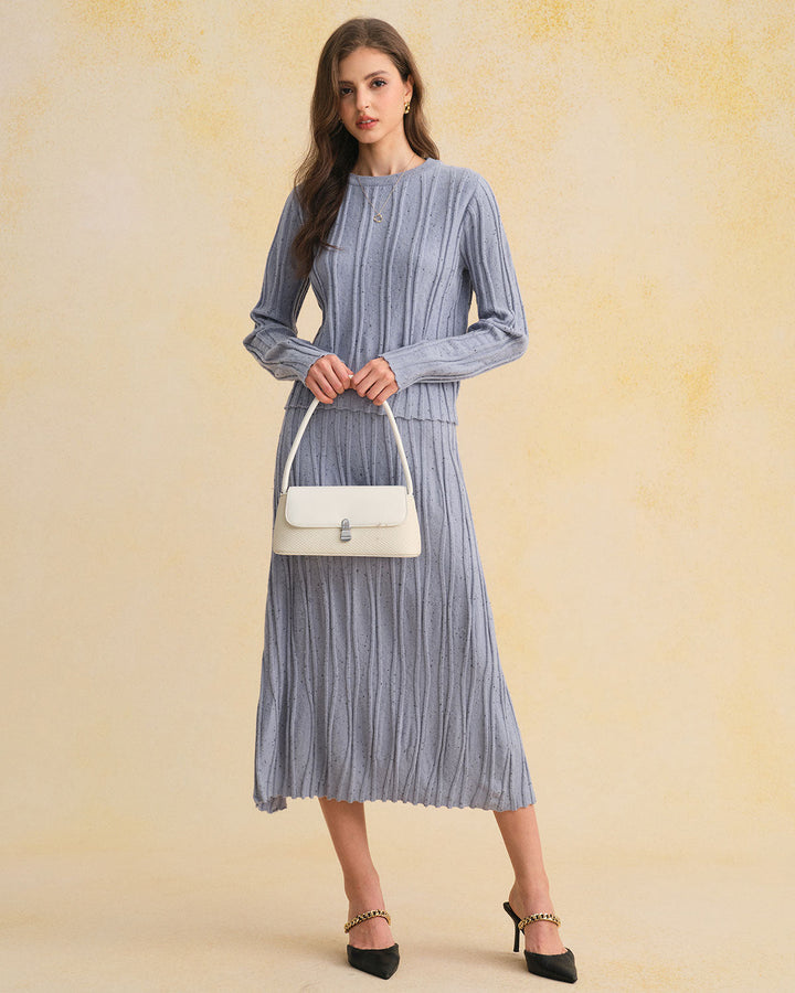 Blue Elastic Waist A-Line Midi Skirt