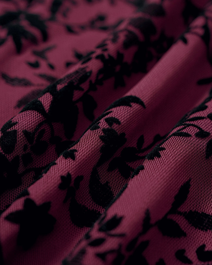 Wine Red Elastic Waist Floral Mini Skirt