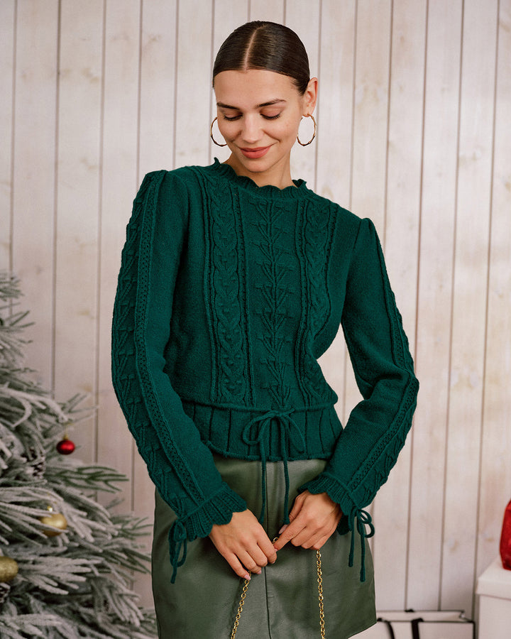 Green Scalloped Lantern Sleeve Sweater