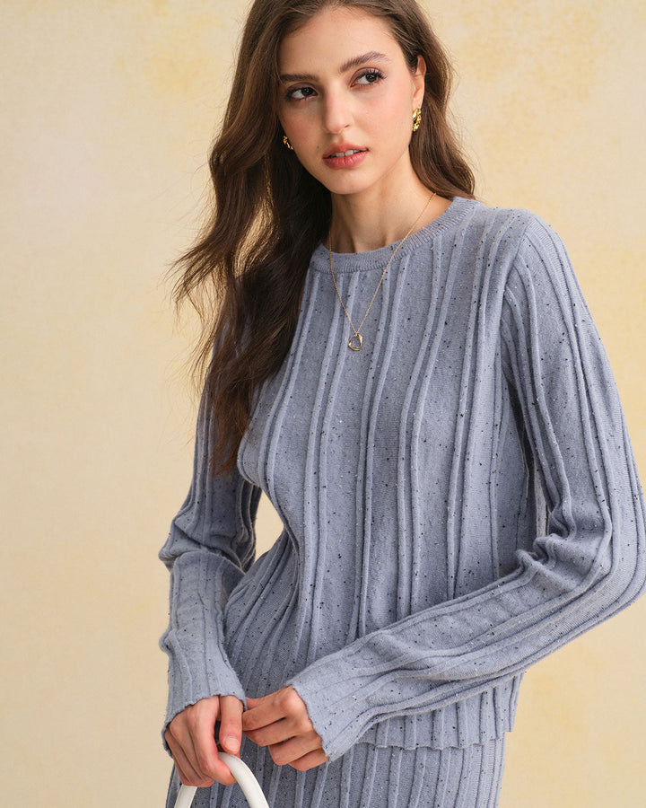 Blue Textured Round Neck Sweater