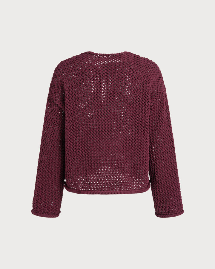 Wine Red Single Breasted Casual Knit Cardigan