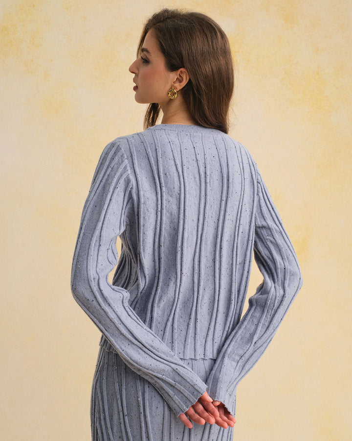 Blue Textured Round Neck Sweater