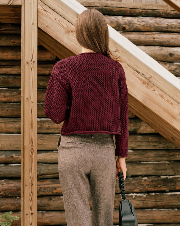 Wine Red Single Breasted Casual Knit Cardigan