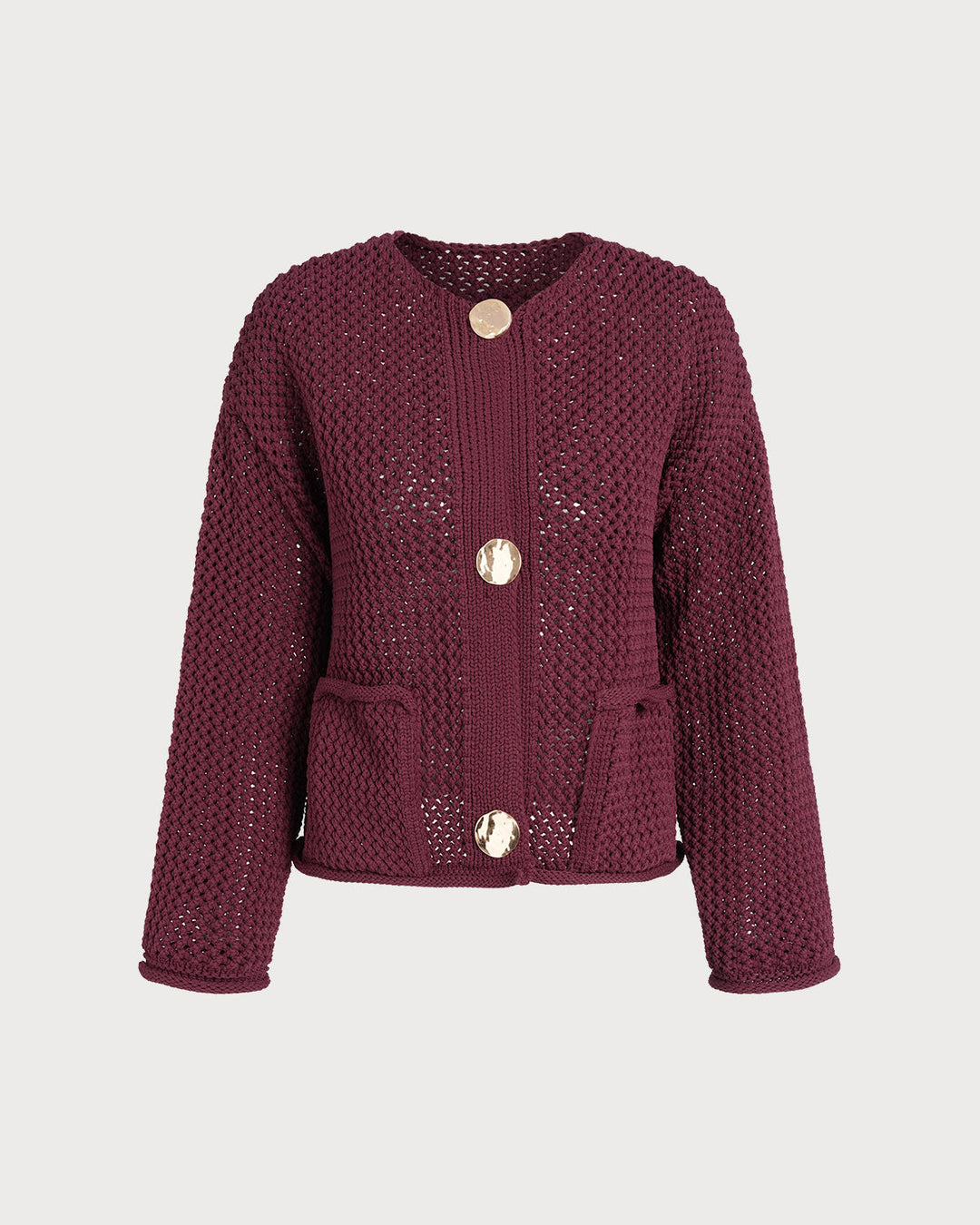 Wine Red Single Breasted Casual Knit Cardigan