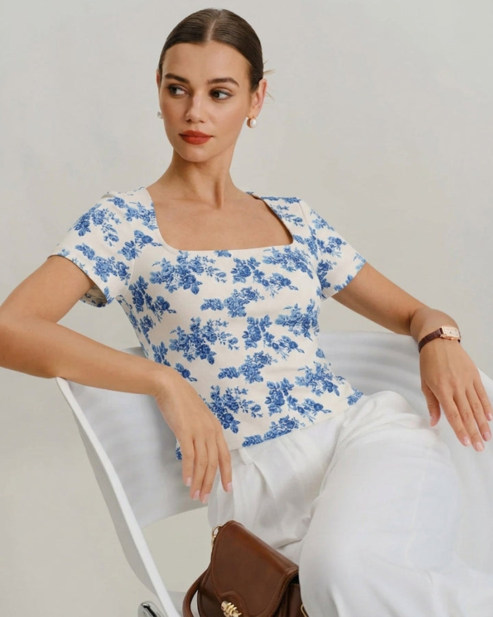Blue Floral Short Sleeve T-Shirt