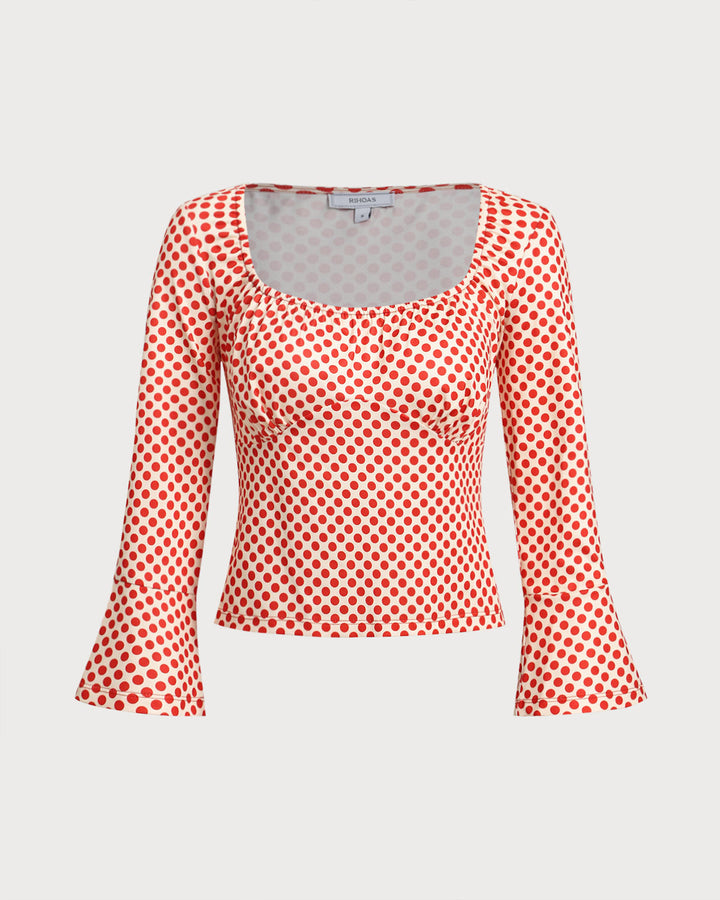 Red Polka Dot U-Neck Bell Sleeve Tee