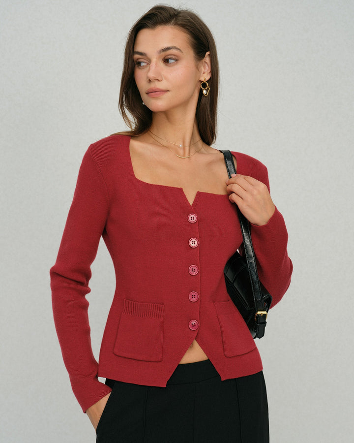 Red Single Breasted Square Neck Cardigan