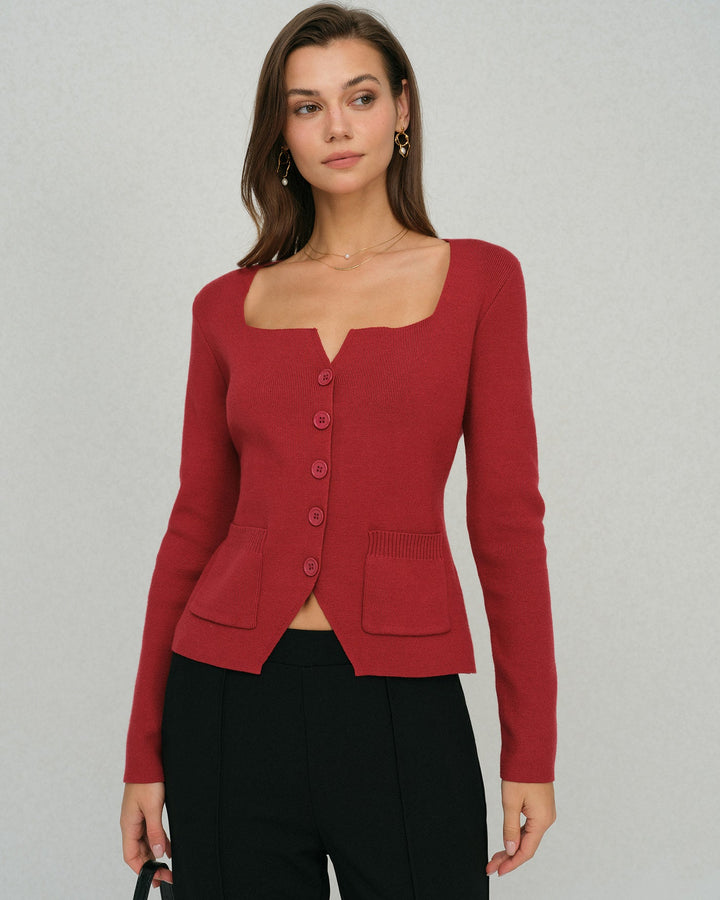 Red Single Breasted Square Neck Cardigan
