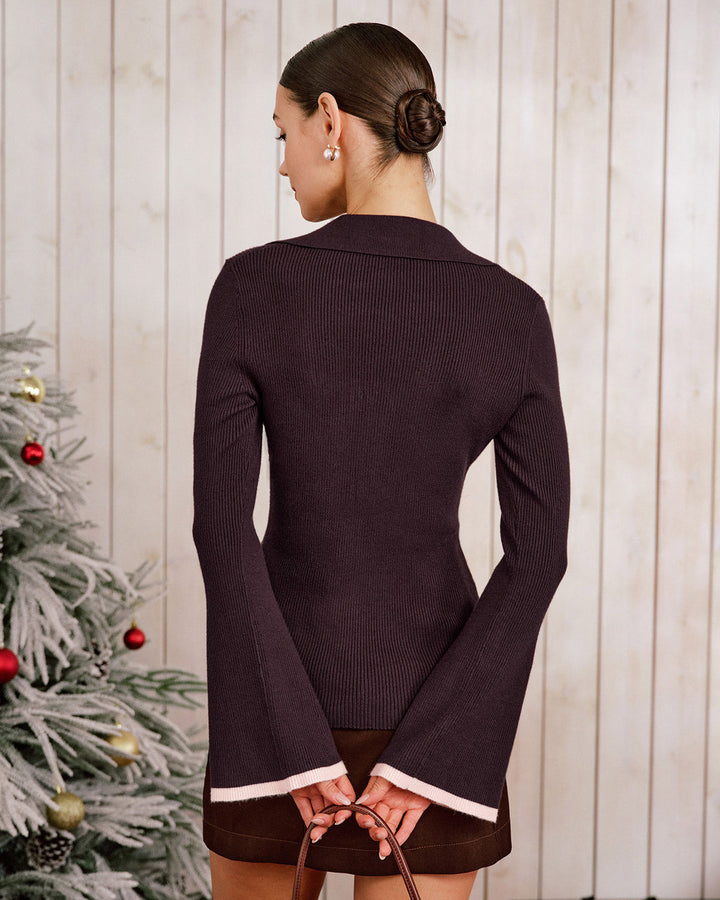 Purple Contrasting Bell Sleeve Knit Cardigan