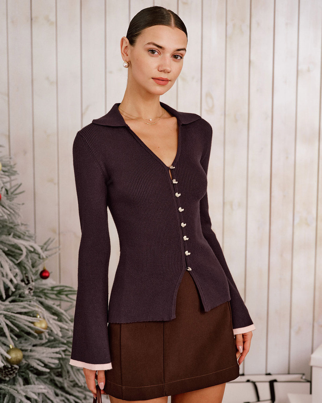 Purple Contrasting Bell Sleeve Knit Cardigan