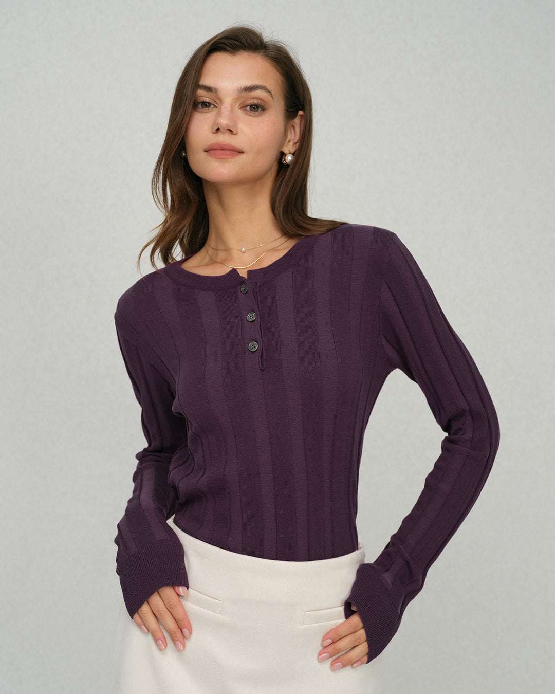 Purple Round Neck Slim Knit Tee