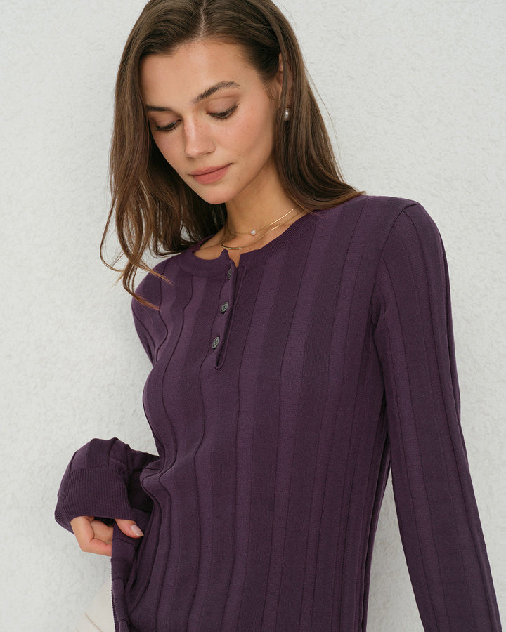 Purple Round Neck Slim Knit Tee