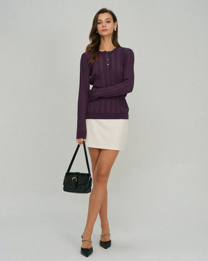 Purple Round Neck Slim Knit Tee