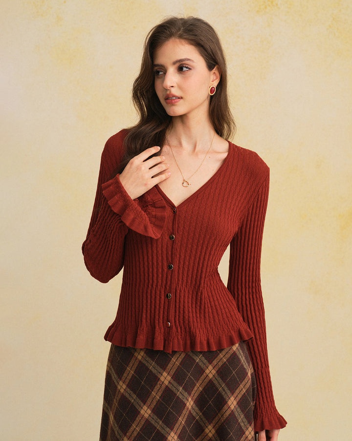 Brown V Neck Bell Sleeve Knit Cardigan