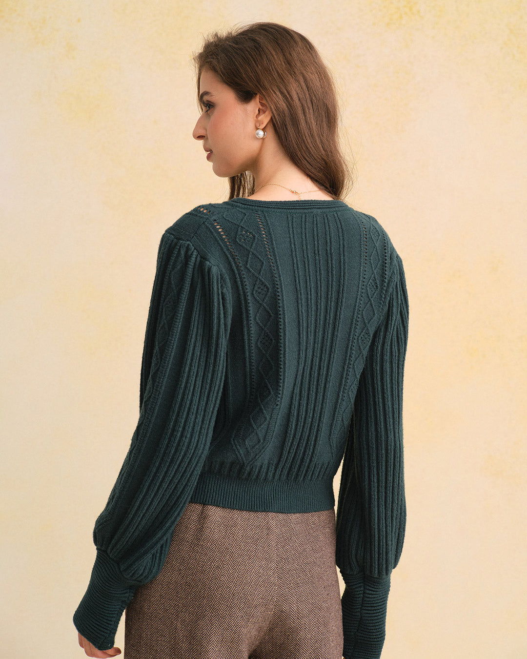 Green Retro Lantern Sleeve Knit Cardigan