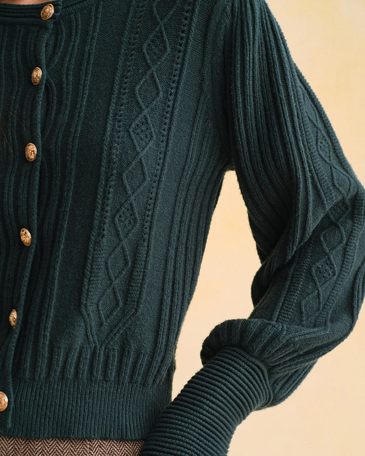 Green Retro Lantern Sleeve Knit Cardigan