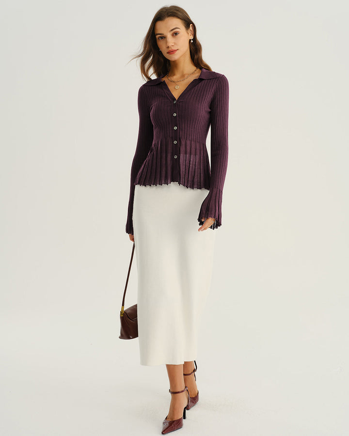 Purple Button Ribbed Knit Cardigan