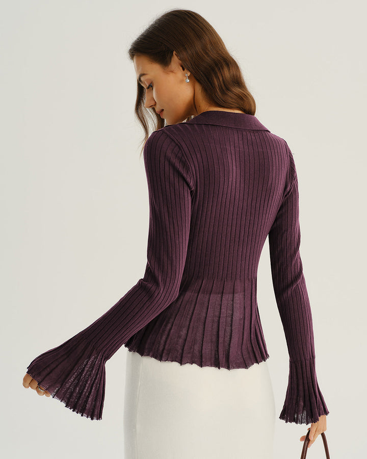 Purple Button Ribbed Knit Cardigan
