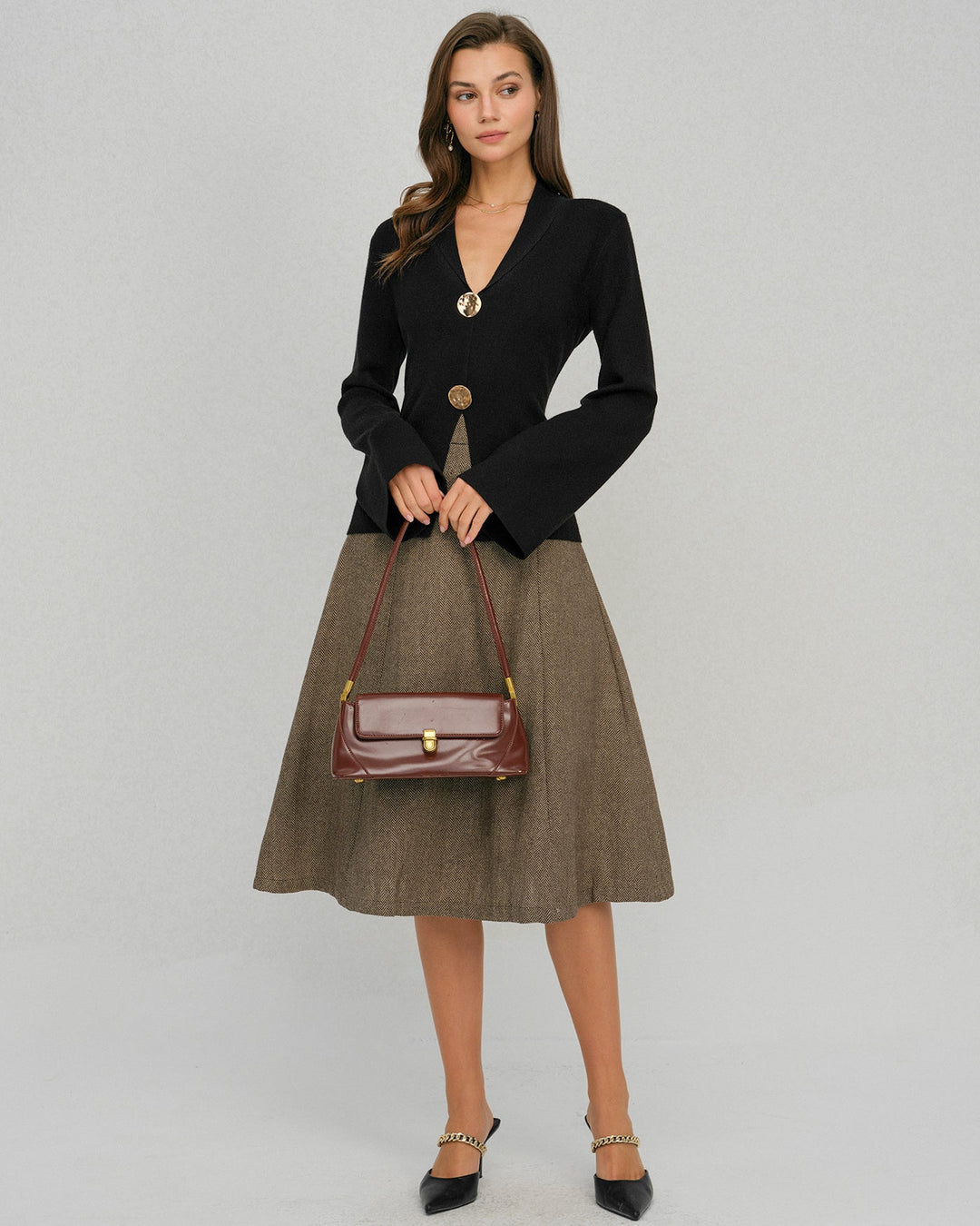 Black Bell Sleeve Button Collar Sweater